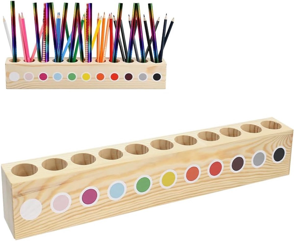 hout, 41 x 5 x 7 cm, pennenkoker met 11 vakken, kleurrijke pennen, organizer, bureau, kleurpotloden, organizer, pennenbox voor kleurpotloden, penseel, school, kantoor, thuis