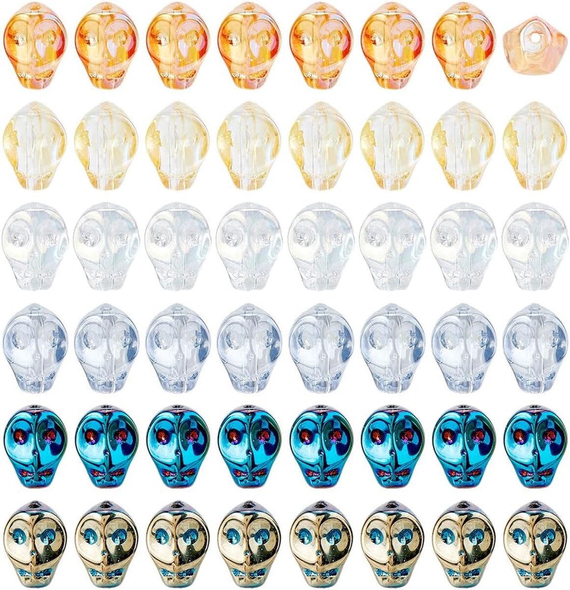 Kralen, 6 kleuren, Halloween, doodskop, skeletkop, glas, losse afstandhouders, kralen voor het maken van sieraden, armbanden, halskettingen, knutselprojecten