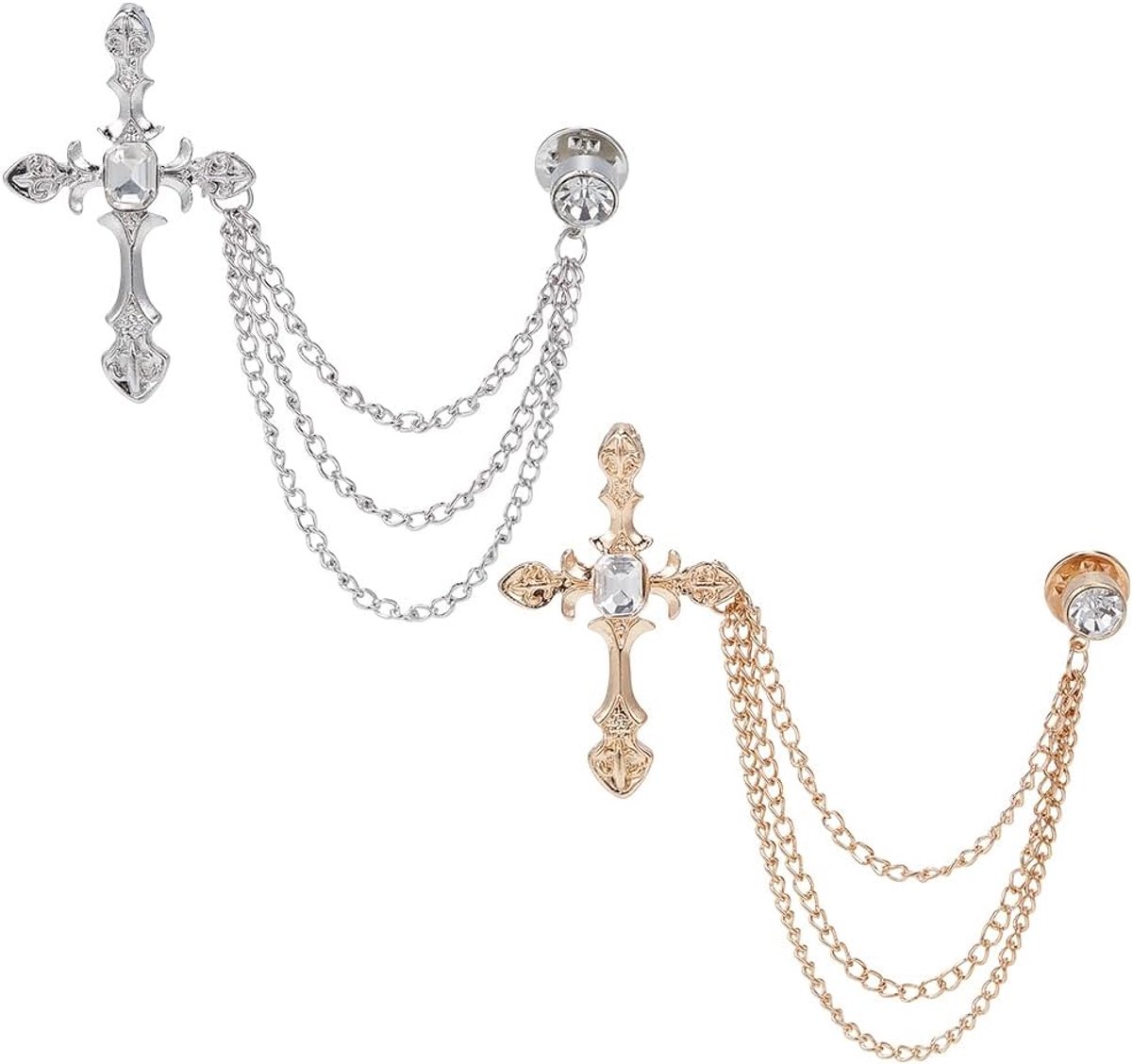 1 Doos 2 Kleuren Heren Broche Pak Pin Badge met Kettingen Hangende Ketting Broche Pin Zilver Goud Legering Kruis Nep Strass Heren Revers Decoraties voor Smoking Stropdas Hoed Sjaal Shirt