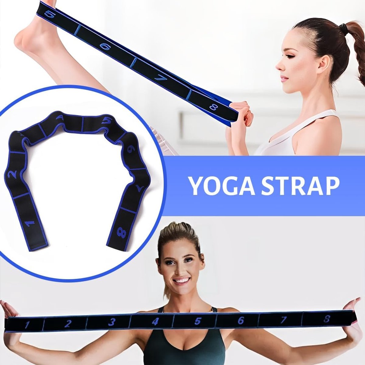 yoga-stretchband, elastische fitnessbanden, elastische weerstandsbanden, yogariem met 8 vaste lussen, yoga-stretchband voor yoga, pilates, training