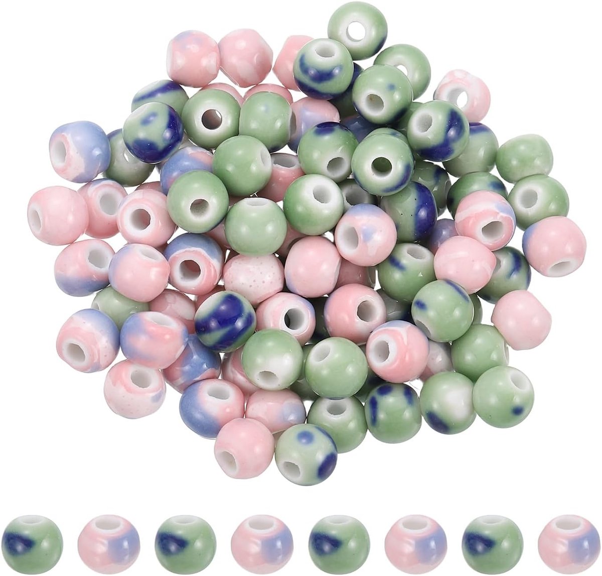 Kralen, 8 mm ronde keramische handgemaakte afstandhouder losse kralen voor armband, ketting, oorbellen, sieraden maken, doe-het-zelf knutselen, blauw groen/blauw roze