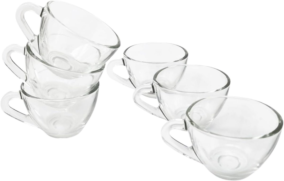 Set van 6 koffiekopjes van transparant glas, lage vorm, 70 ml, wasbaar