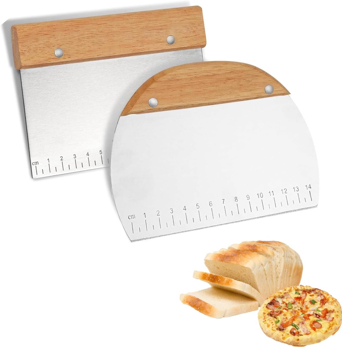 2 stuks deegschraper roestvrij staal, deegschraper met houten handvat en roestvrijstalen lemmet in levensmiddelenkwaliteit, deegmes voor het snijden van deeg, brood, cake, groenten, pizza