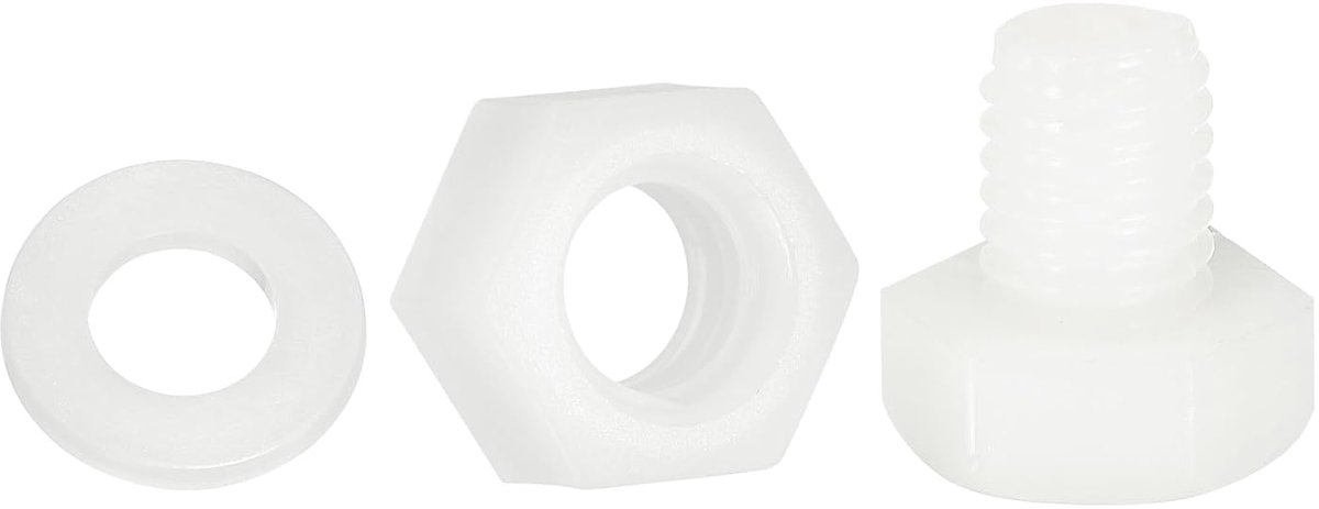 Sets nylon zeskantschroeven M8 x 10 mm volledige schroefdraad kunststof schroeven en moeren met sluitringen voor machines elektronica accessoires wit