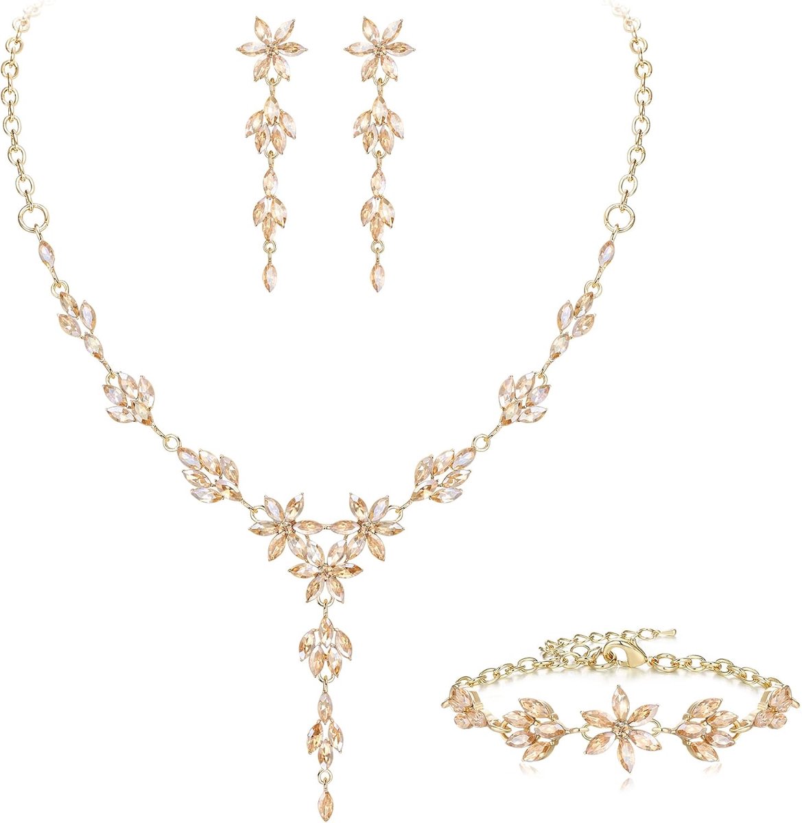 FAITH Bruiloftssieradenset voor bruid, bruidsmeisje, stras, kristal, bloem, halsketting, dangle, oorbellen, armband voor dames, helder, zilverkleurig