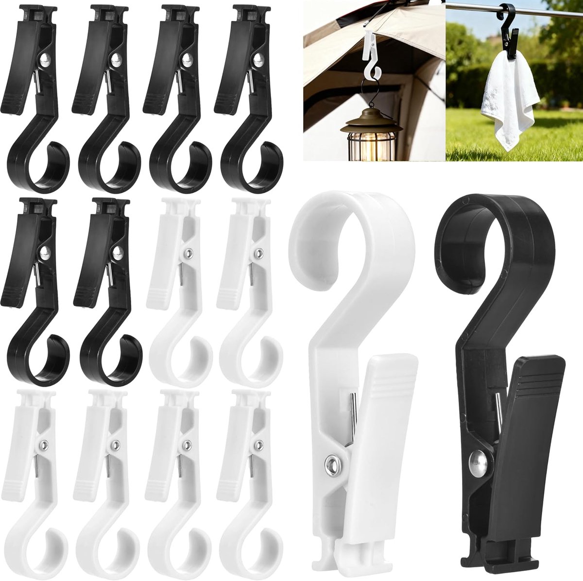 12 stuks hoogwaardige grote droogclips, campinghaken, handdoekclips, haken, tent buiten, geschikt voor campingverlichting, kleding, handdoeken