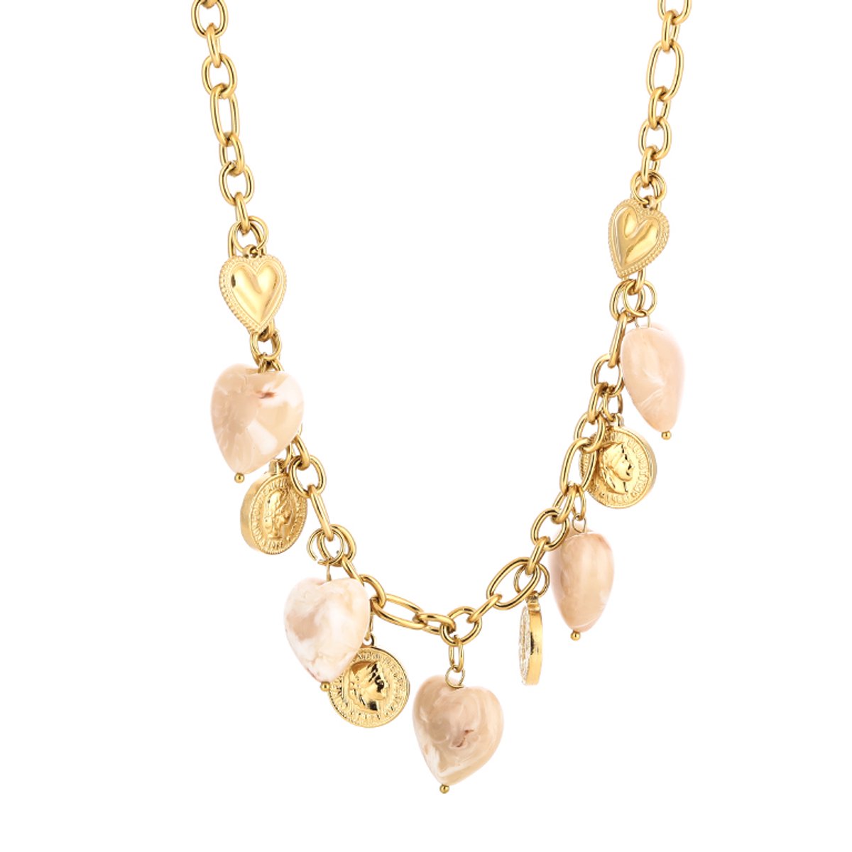 Chunky Heart & Coin Charm Chain Necklace – Luxe Bedel Ketting met Kralen – RVS - Beige