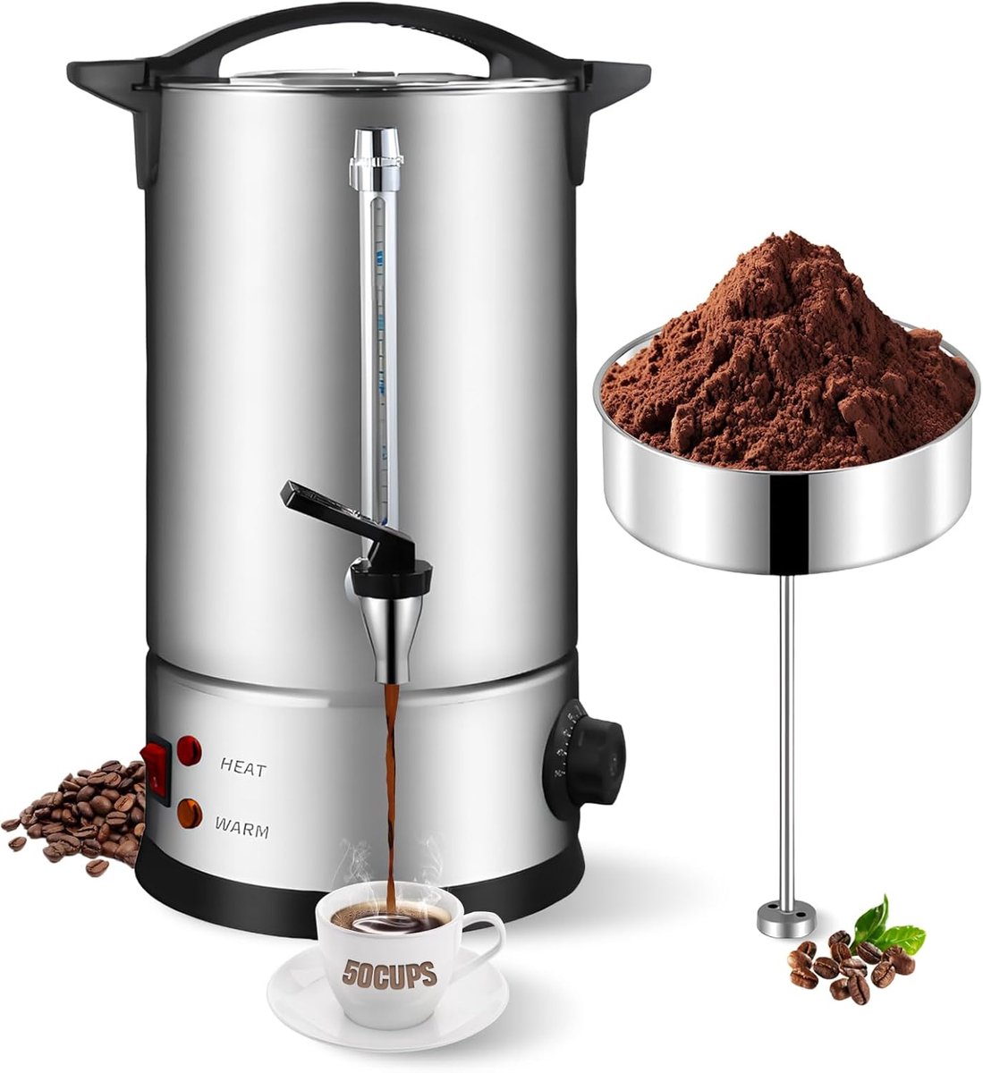 Koffiezetapparaat met rond filter, 8 l, 50 kopjes, roestvrij staal, filterkoffiezetapparaat, koffiemachine, brouw- en warmhoudfunctie met intelligente temperatuurregeling/niveau-indicator voor