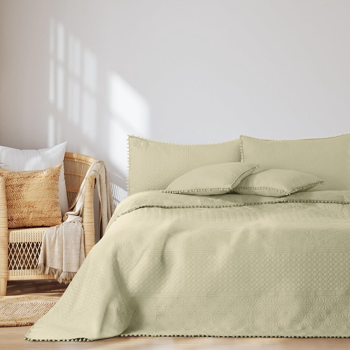 Sprei met pompons 200x220 cm bedsprei dubbelzijdig ultrasoon stiksel polyester Meadore beige
