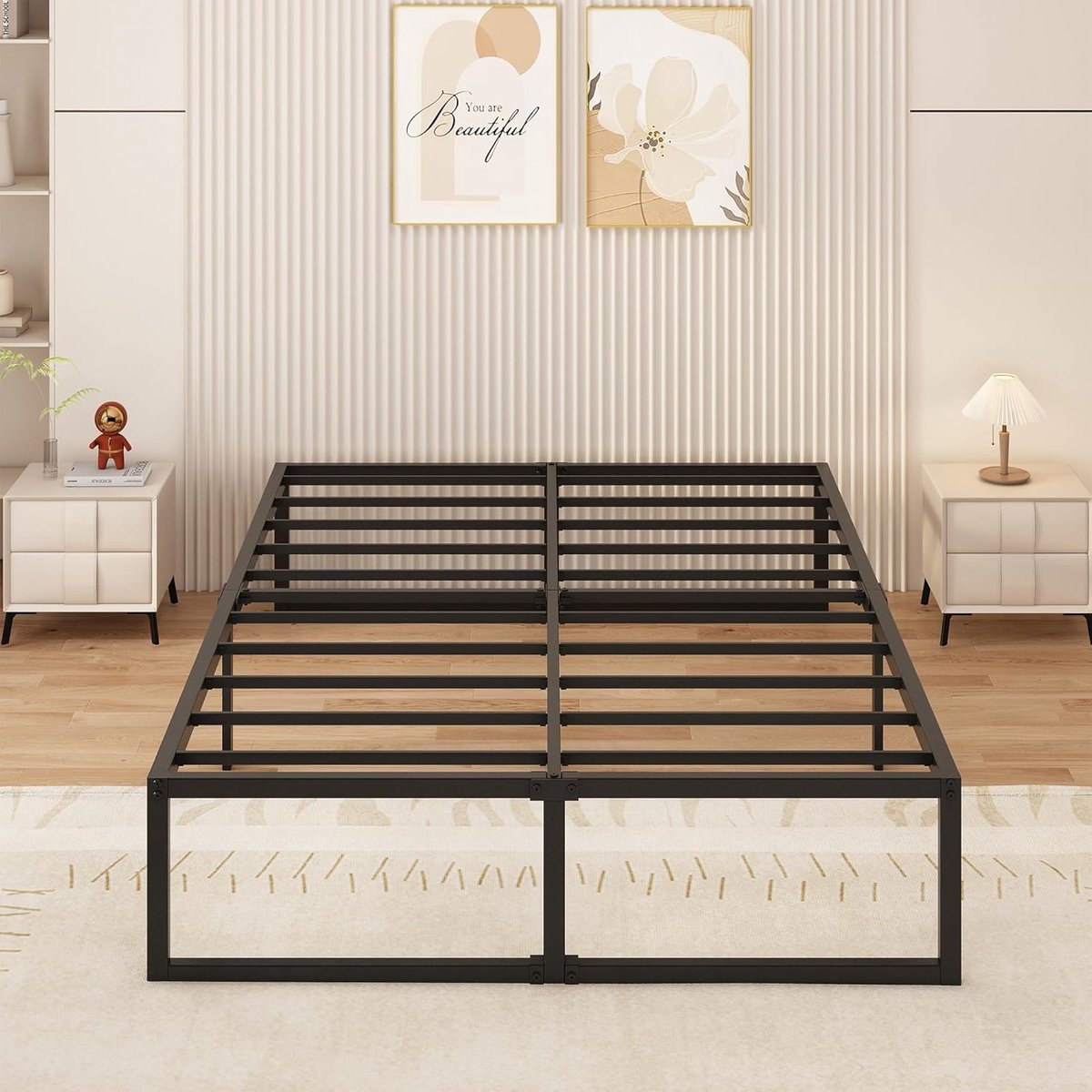 Tweepersoonsbed 140 x 200 cm Metalen Bed Met Lattenbodem, Hoogte 41 cm, Dubbel Bedframe, Stil, Stabiel, Minimalistisch Design, Eenvoudig te Monteren, Zwart | draagkracht 500 kg, hoogte 41 cm, stil, eenvoudige montage, antislipvoeten, zwart