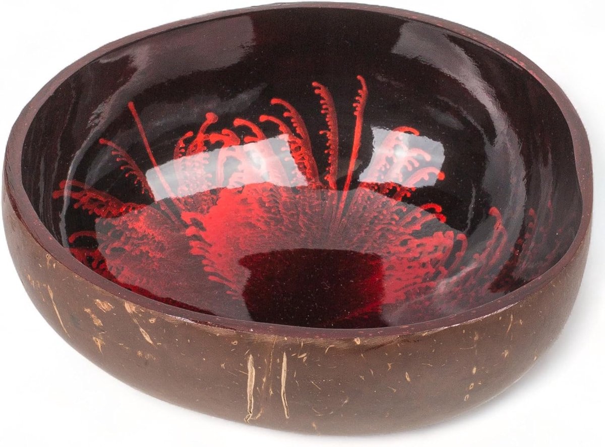 Exotische kokosnootschaal, binnenkant kleurrijk gelakt, robuust en esthetisch, perfect voor unieke bowl-creaties, 13 x 13 x 6 cm, rood