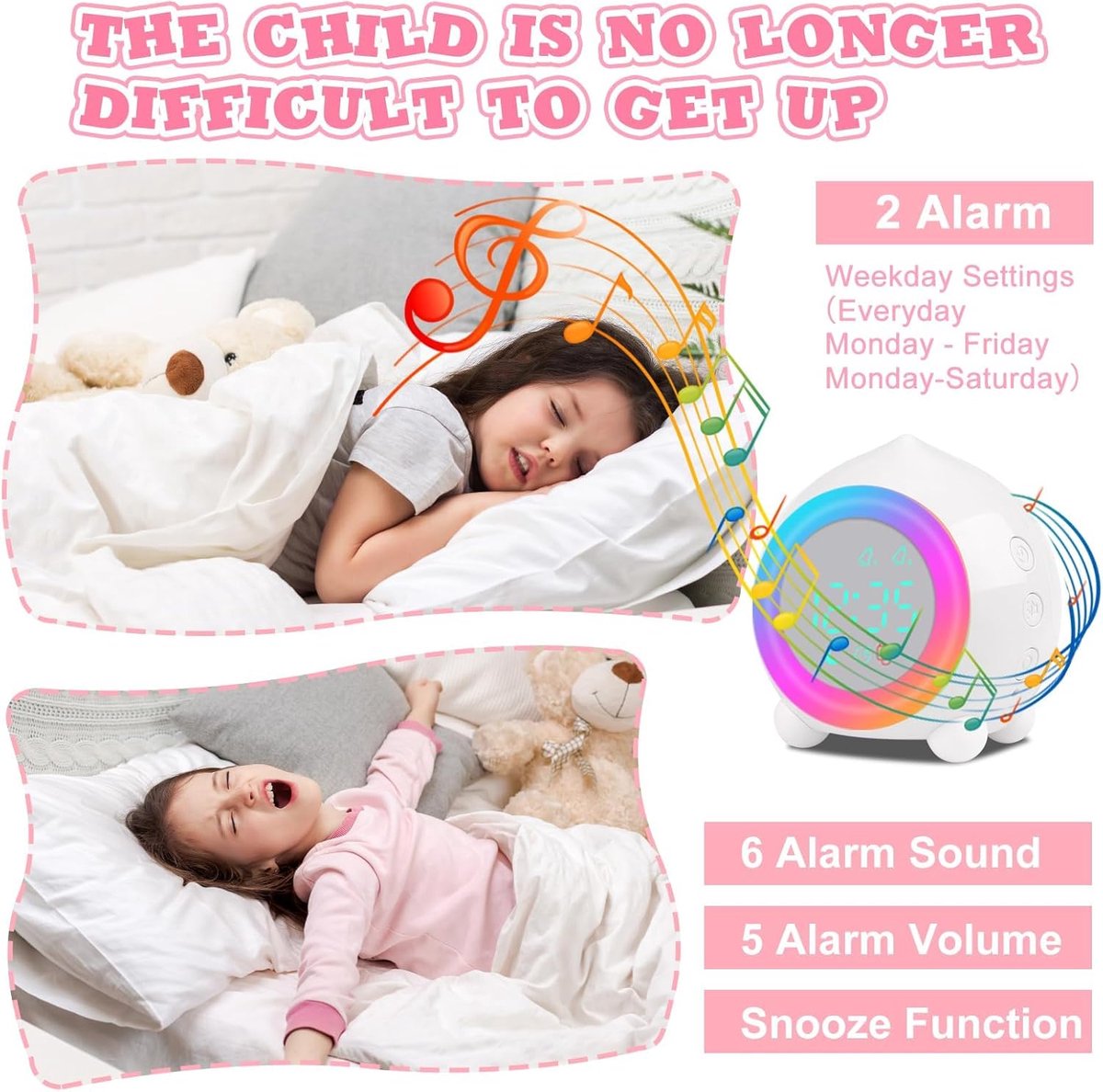 Wekker Kinderen met LED Nachtlampje,Snooze,Temperatuurdisplay,12/24 uur,Cadeau voor Jongens en Meisjes,Slaapkamer,Studiekamer (Ivoorwit)