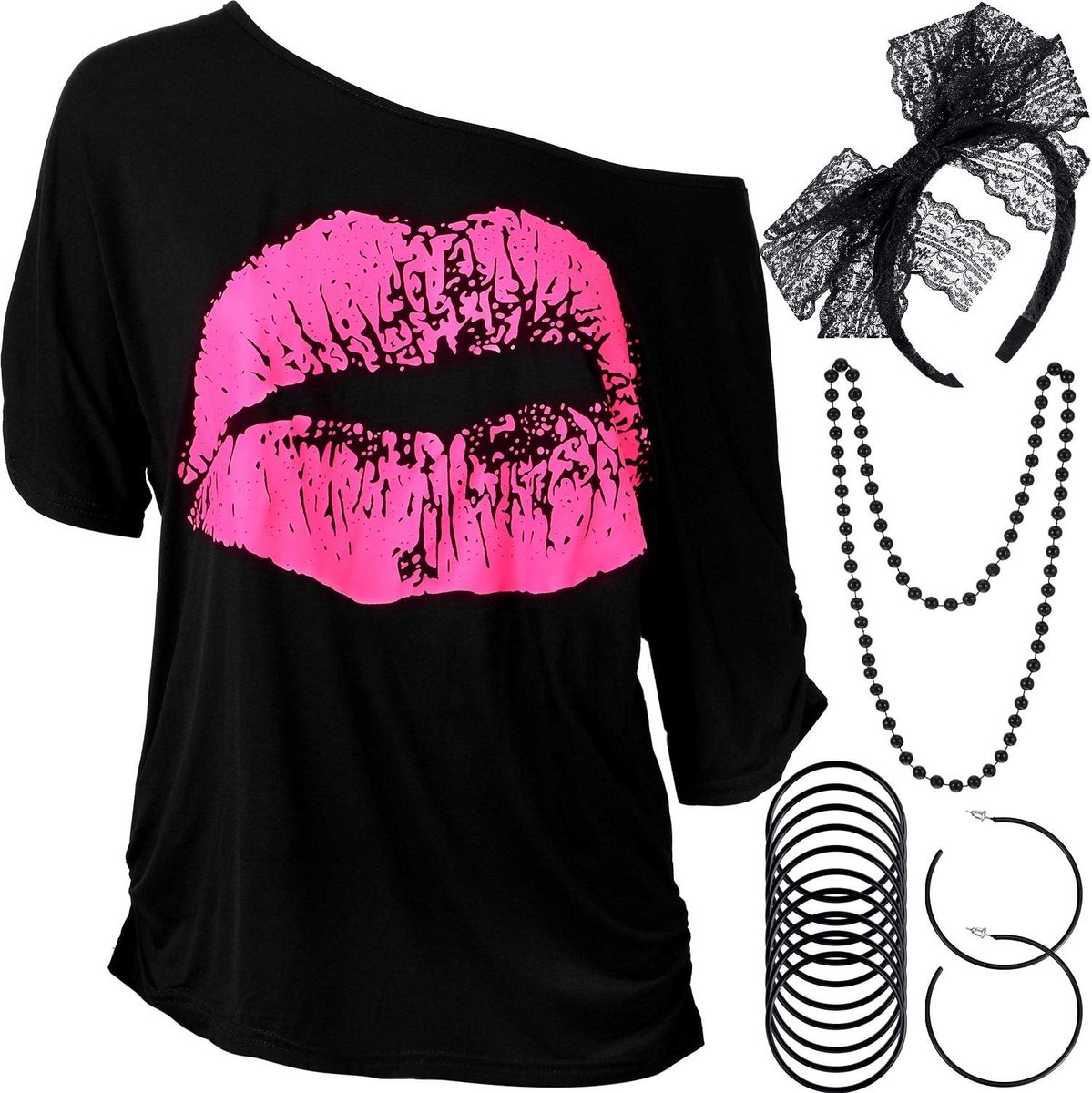 jaren 80 Kostuum Accessoires Set, Lips Print T-Shirt Kant Hoofdband Oorbellen Ketting Armband voor 80s Thema Party (Zwart, XXXL)