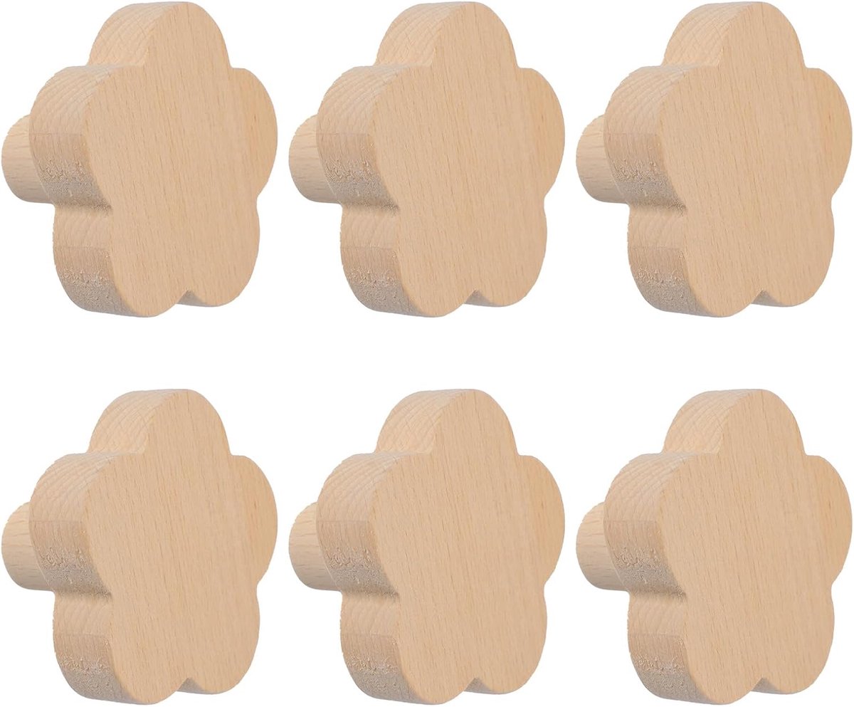 6 stuks bloemvormige houten knoppen enkel gat beukenhouten handgrepen zelfklevende houten kast handgrepen knoppen voor commode met schroeven