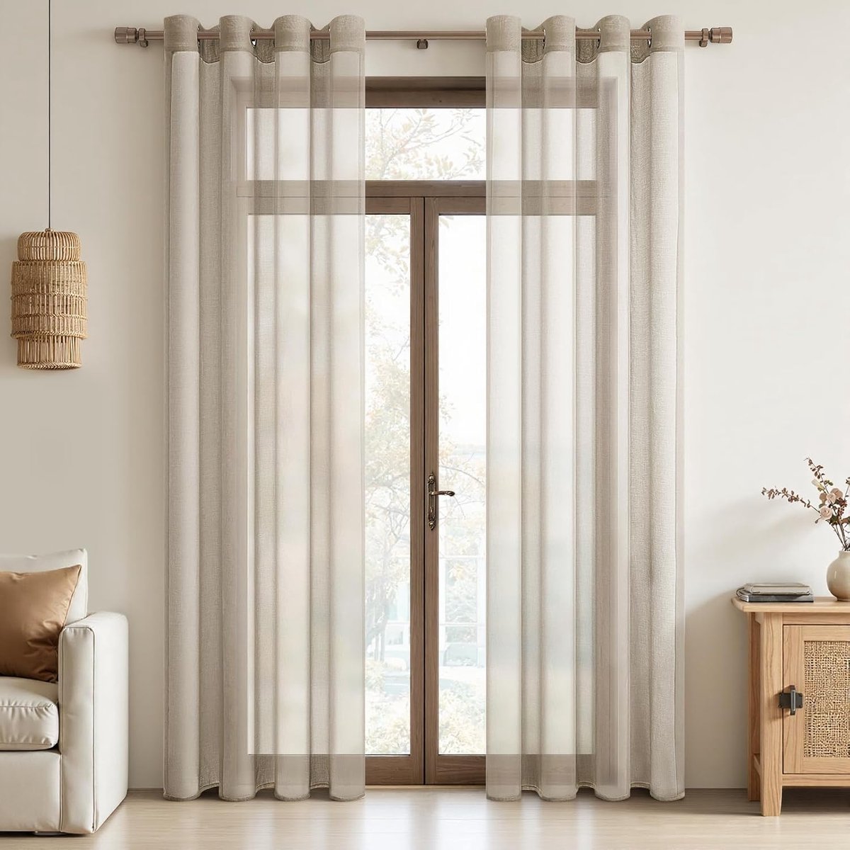 Transparant voilegordijn, 225 cm lang, 2 panelen, linnenlook, met zeilringen, voor slaapkamer, woonkamer, terrasdeur, 140 x 225 cm, beige (b