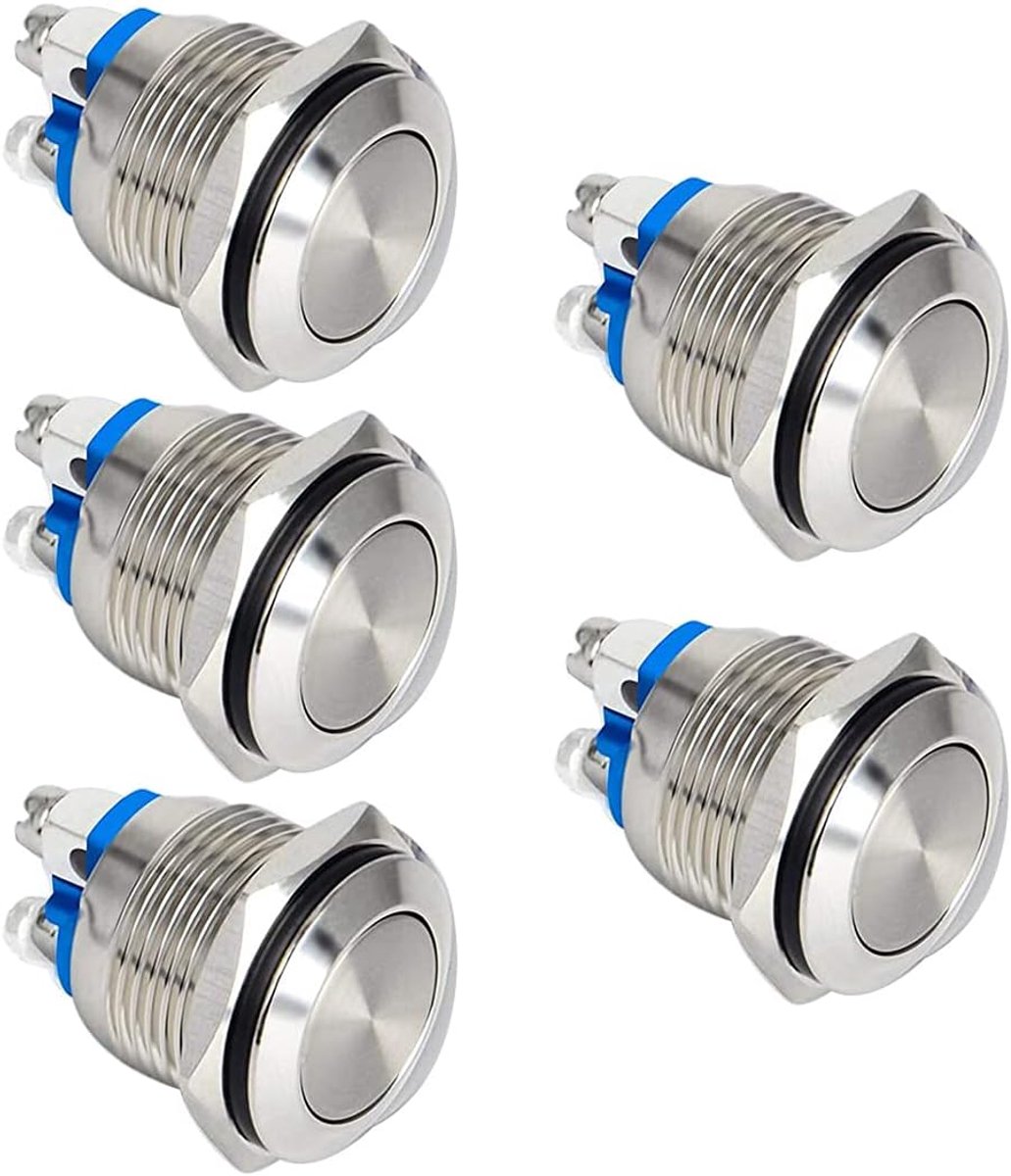 5pcs 19mm 2A 12V/24V/125V/250VAC Momentary Waterdichte Drukknop met Schroefaansluitingen RVS Drukknop (Platte Kop)