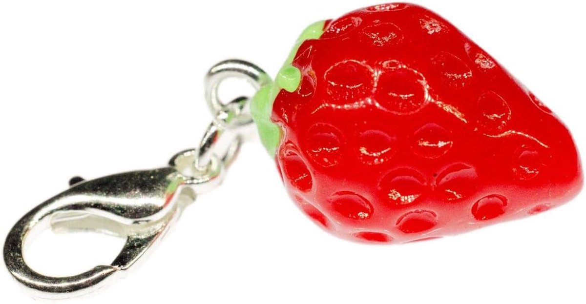 Bedels aardbei rood rond 3D - handgemaakte modesieraden I kettinghanger verzilverd - bedelhanger bedelarmband - hanger voor armband, 14mm, Metaal, Geen edelsteen