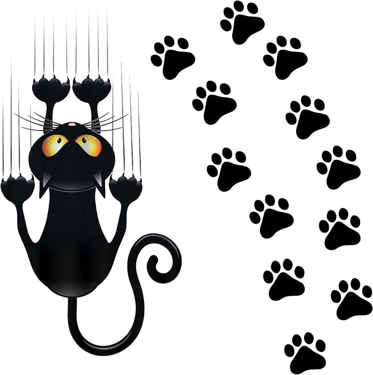 kat autostickers, schattige auto kat sticker grappige kat auto stickers met 12 stuks poot print auto stickers voor autoraamdeur decoratie (geel oog)