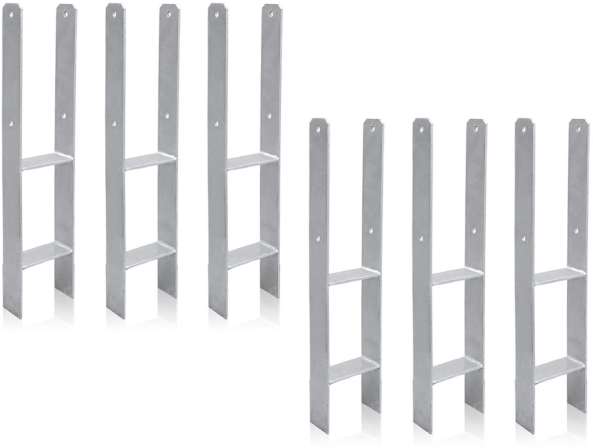 H-paalanker, 6 stuks, H-anker, paaldrager, grondanker voor palen, H-paalschoen voor omheining en broeikas, palen, vierkante houten palen (101 x 600 mm)