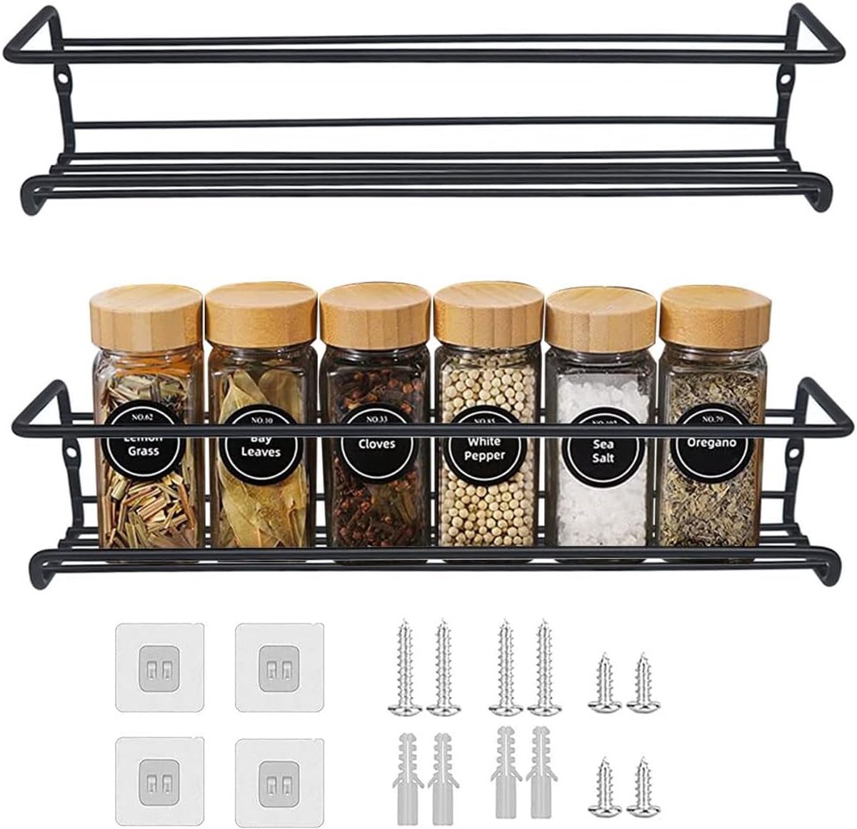 Kruidenrek voor aan de muur, 2 stuks, metaal, zwart, hangend zonder boren, keukenrek voor keuken, kruidenorganizer, keukenaccessoires, 29 x 6 x 6,5 cm