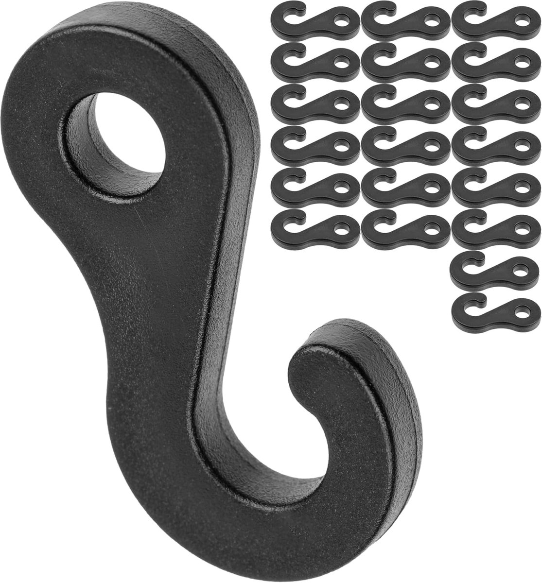 Haken, 24 stuks, in zwart, van kunststof, voor rubberen touwen tot Ø 6 mm, haakclip voor outdoortent, voortent, luifel, zeilclip, bevestigingshaken riem, tentspanner, kabelklem