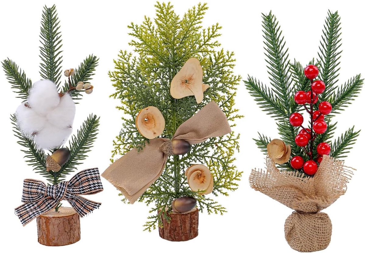 3 stuks Bureau Kerstboom 25 cm Kerst Tafelblad Boom Mini Bureau Dennenbomen met Houten Basis Ornamenten voor Tafel en Bureau Tops Kerst Home Party Decoratie