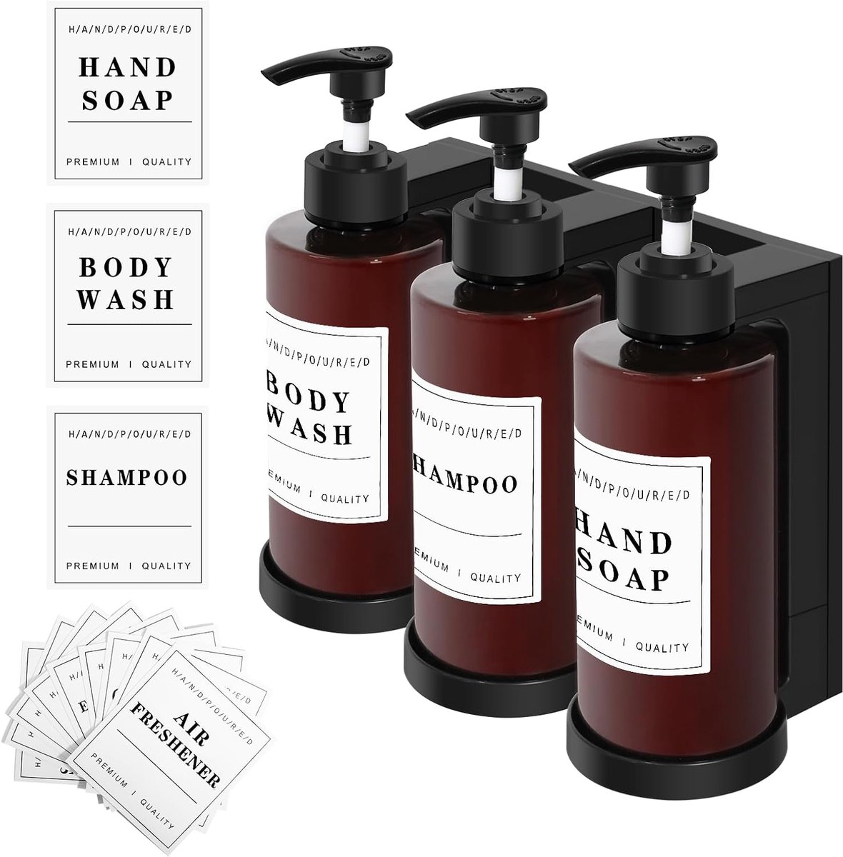 3-deelige 300 ml zeepdispenser, wandbevestiging, douchegeldispenser zonder boren, shampoodispenser, met 16 waterdichte etiketten | Zeepdispenser voor shampoo en douchegel, navulbare vloeibare zeephouder voor lotions, douchegel, shampoo en balsem
