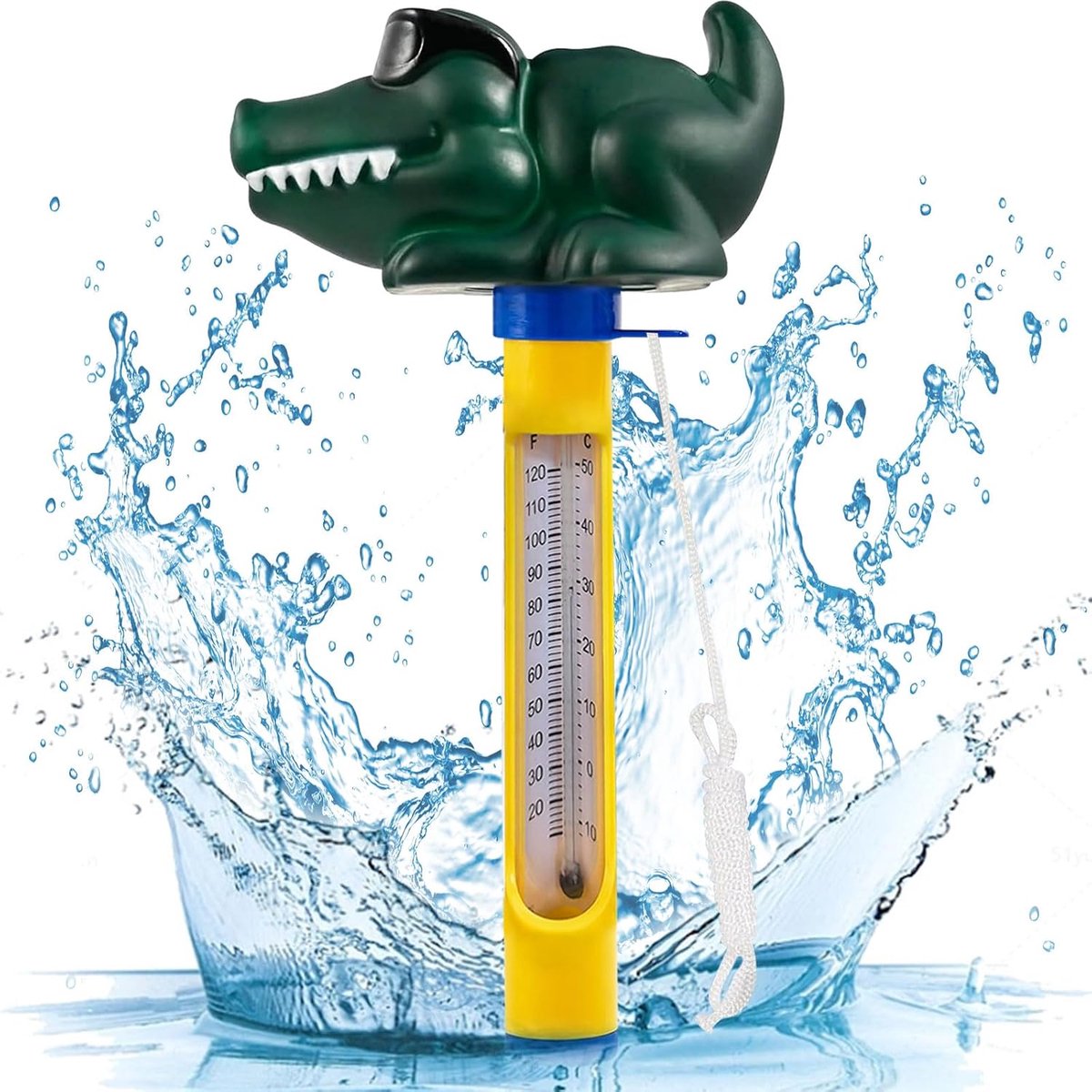 zwembadthermometer, cartoonwaterthermometer, vijverthermometer, gemakkelijk afleesbare zwembadthermometer met touw voor zwembaden, babyzwembaden, visvijvers en aquaria (krokodil)