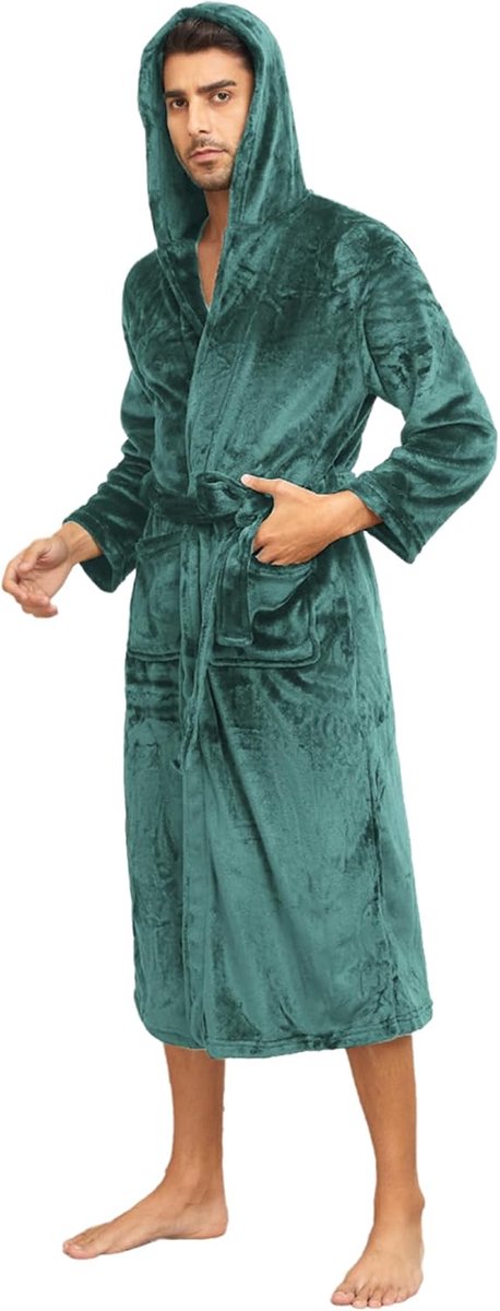 Heren Fleece Badjas met Capuchon - Lange Warme Slobkous - Comfortabel Winter Huispak