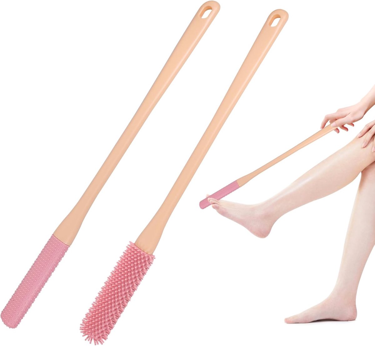 2 Stuks Siliconen Voetborstel - Met lange steel - Voor teenspleet reiniging en zachte huidpeeling - Voor onder de douche en senioren - Roze