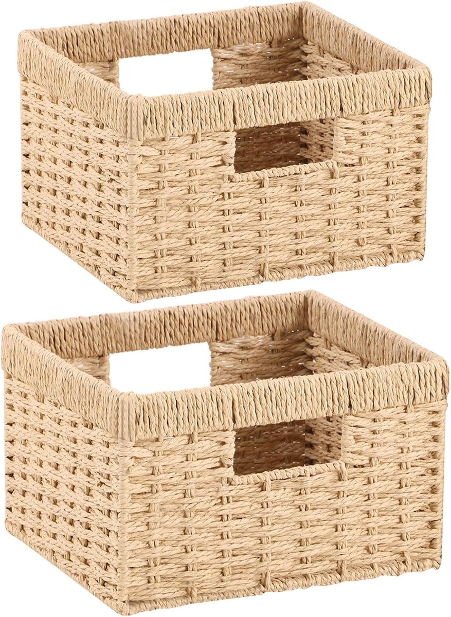 Opbergmand met Handvat voor Organiseren, Decoratieve Geweven Opbergmand voor Make-up, Handdoeken, Planken, Kasten, Lades, Dressoir, Papieren Touw, Natuurlijk, Set van 2, 30 x 30 x 18 cm