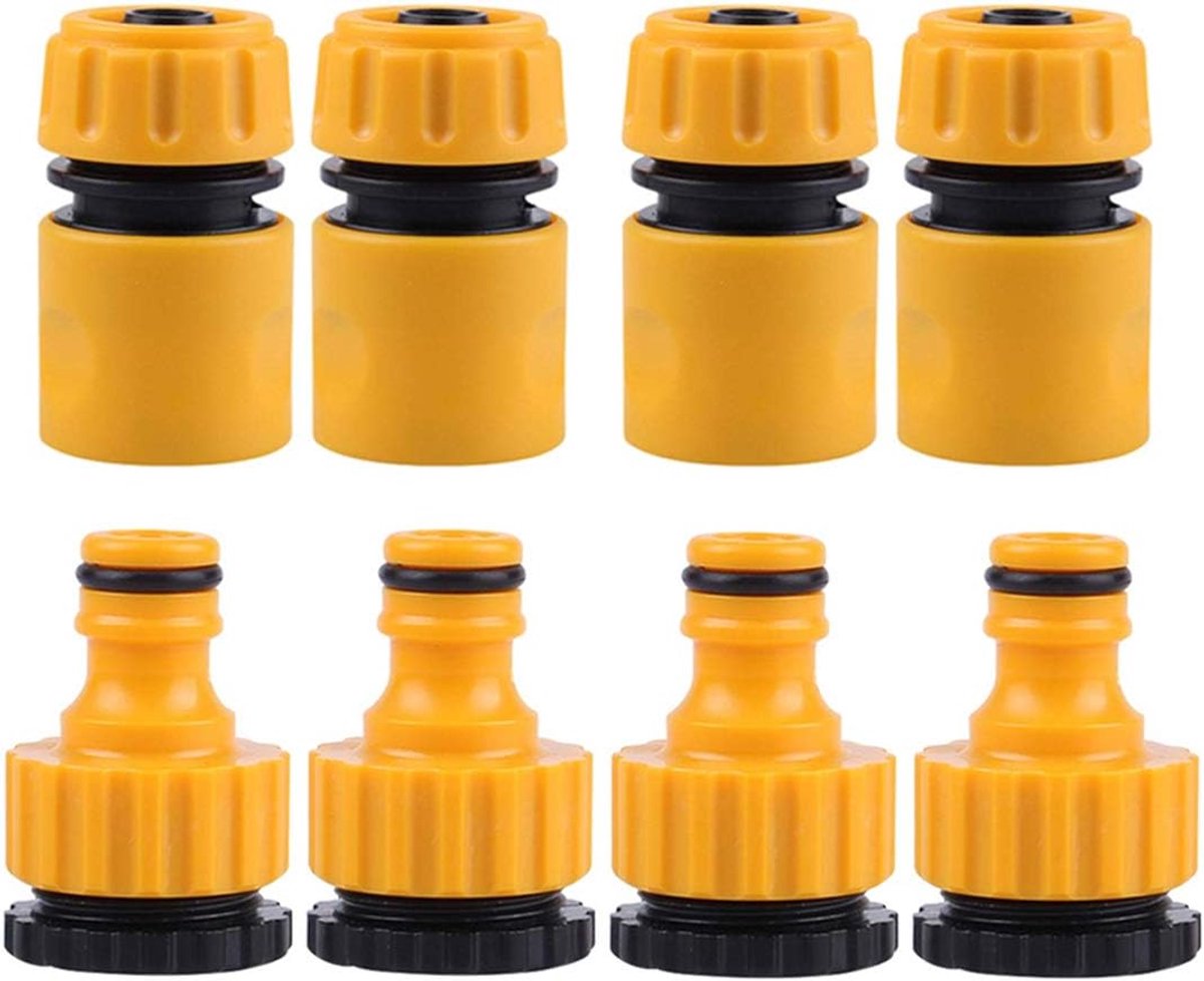 Set van 8 slangaansluitingen, 4 stuks slangverbinders 1/2 inch, 4 stuks 1/2 inch, 3/4 inch, 2-in-1 tuinkraanverbinders voor tuin en huiswaterkraan