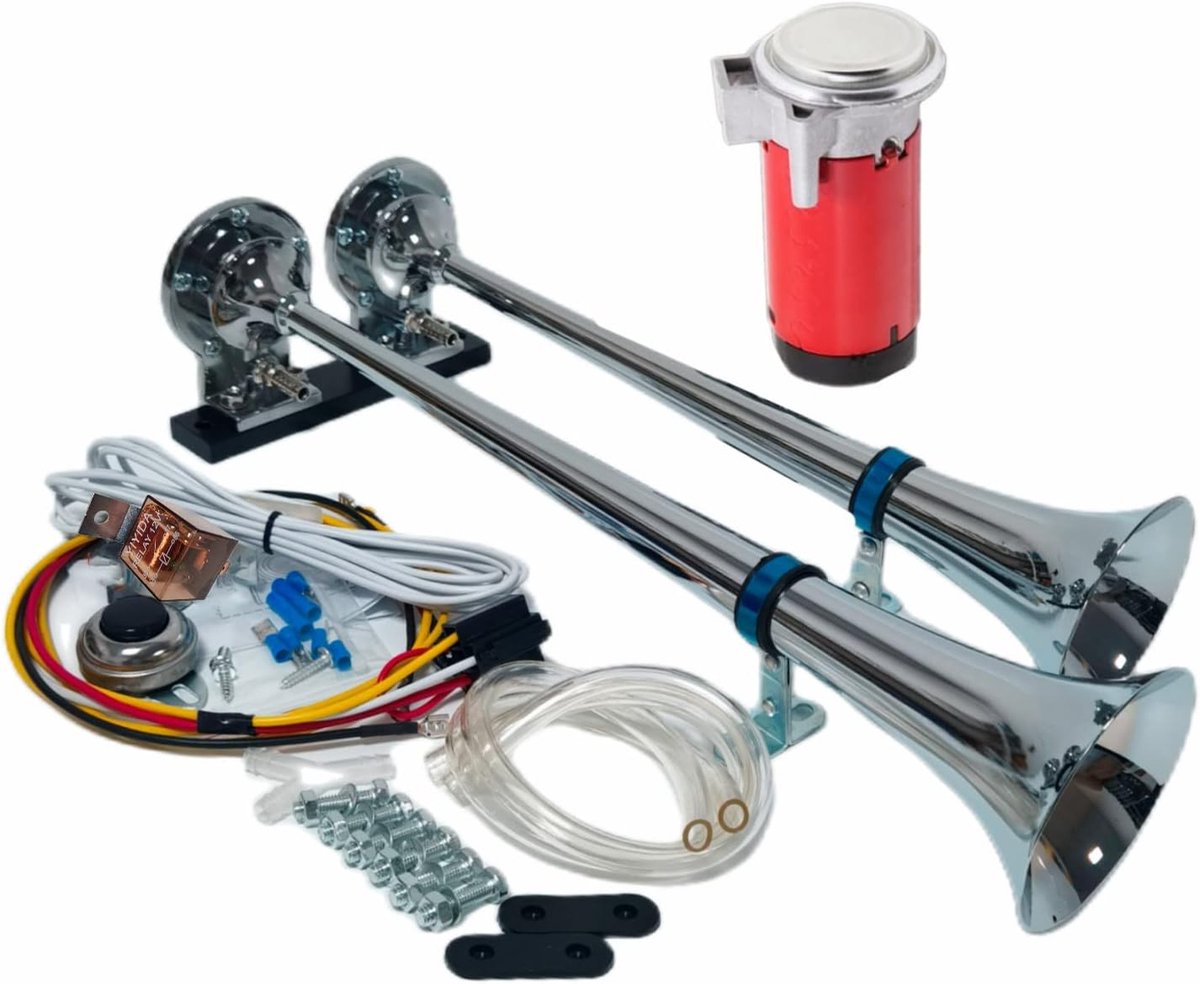 Autohupe LKW Hupe Air Horn 175 dB Luidspreker Scheepshoorn Zink Chroom Zilver Elektrische Hoorn 12 V Hoge Toon en Lage Toon Dubbel Pijpen Rode Luchtpomp Autohoorn voor 12 V Auto Jacht Boot enz
