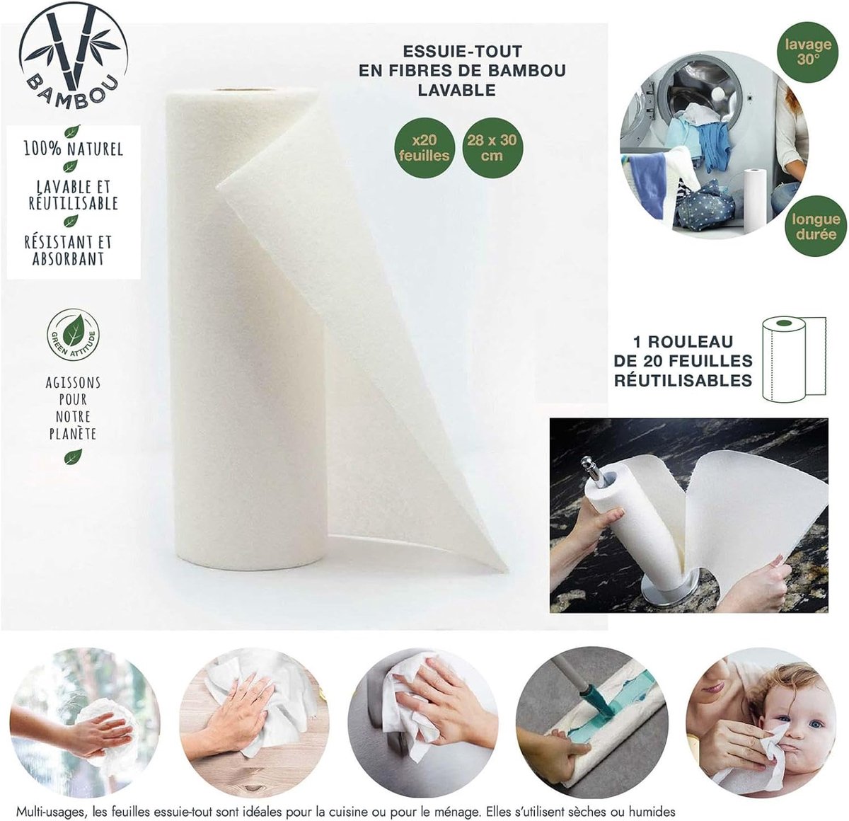 CONCEPT KB6043 Essuie Tout Reutilisable Ecologique Ultra Absorbant, Bambou, Ivoire, 8,5 x 8,5 x 28,3 cm