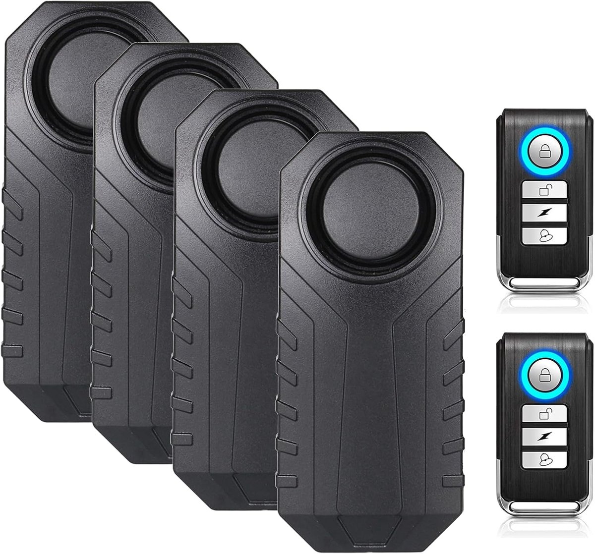 113 dB luid fietsalarm, draadloze trillingsbewegingssensor, waterdicht fietsalarm met afstandsbediening voor fiets, e-bike, scooter, auto (4 sensoren met 2 afstandsbedieningen)