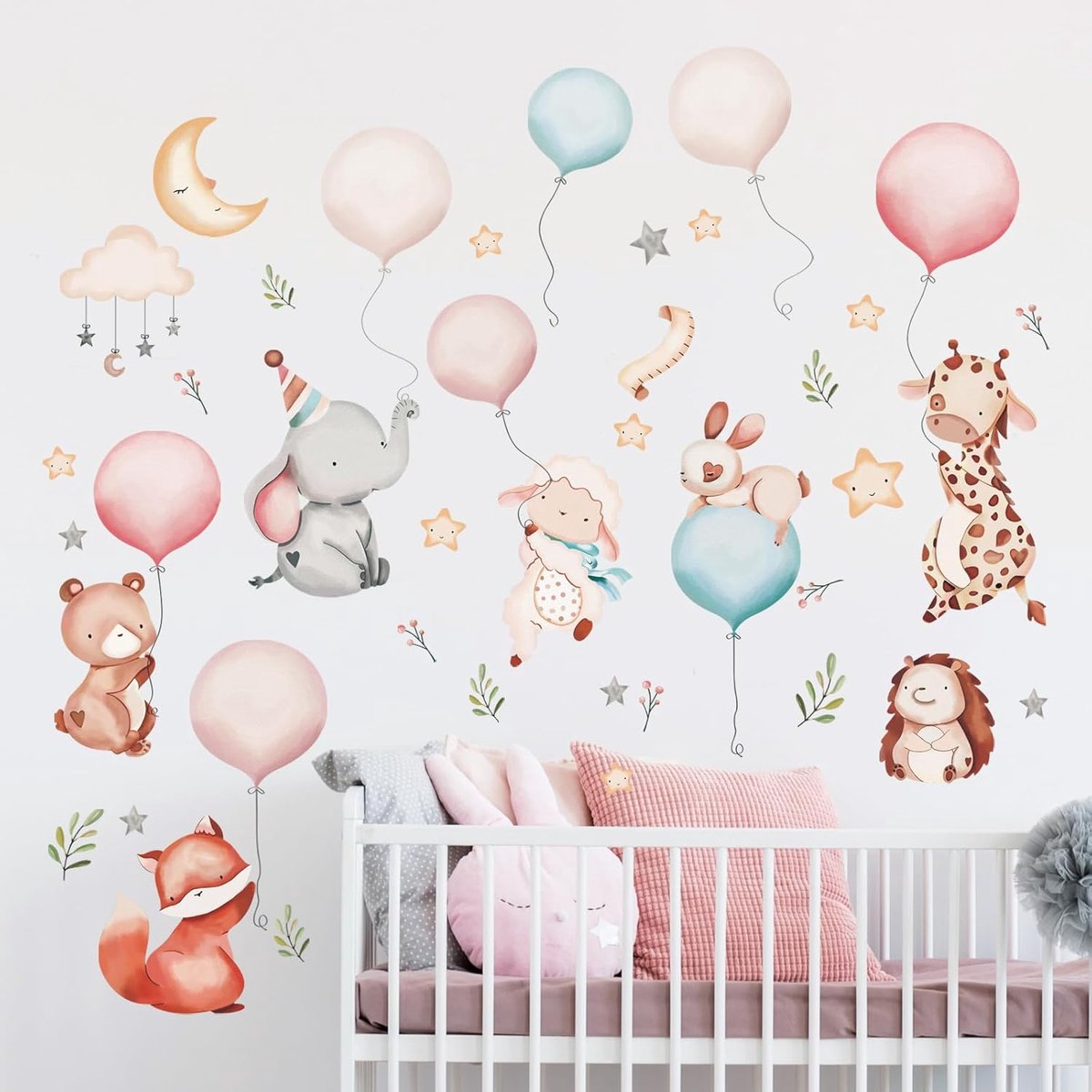 Cartoon dier muursticker roze blauwe ballon wolken ster muursticker jungle aap giraffen beer muursticker voor kinderen babykamer woonkamer slaapkamer kinderkamer thuis wanddecoratie