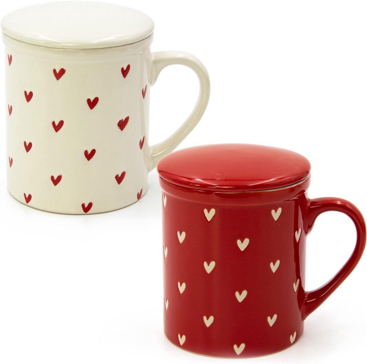 mokken set met hartdecoratie - set van 2 kleurrijke mokken met hartjes met deksel en zeef - inhoud 340 ml