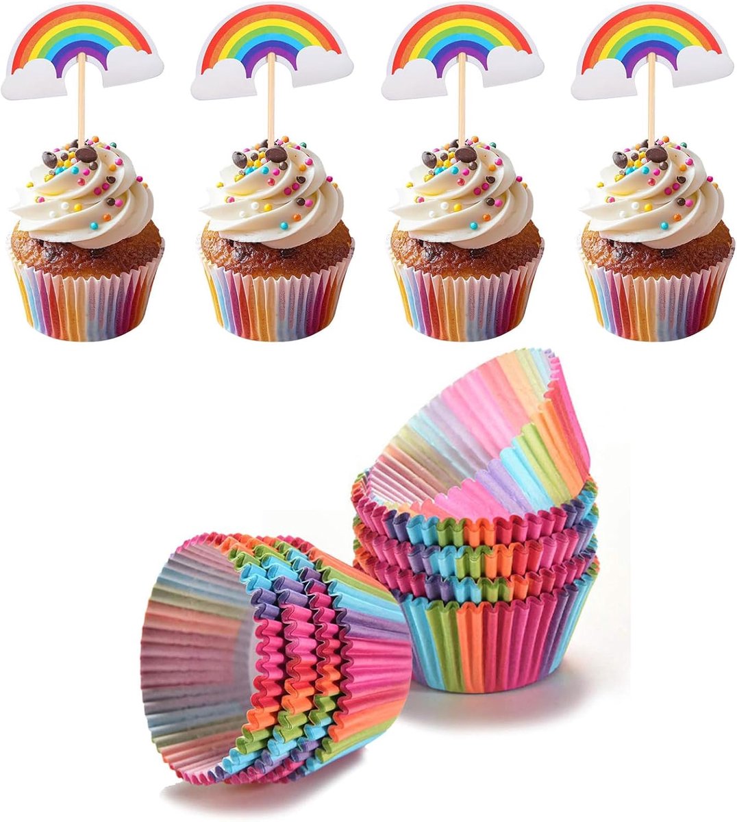 Cake Cups, 100 stuks regenboog cupcake voeringen + 10 stuks regenboogvorm cupcake decoratie accessoires taart muffin cup taart papier voeringen voor bakken verjaardag doe-het-zelf
