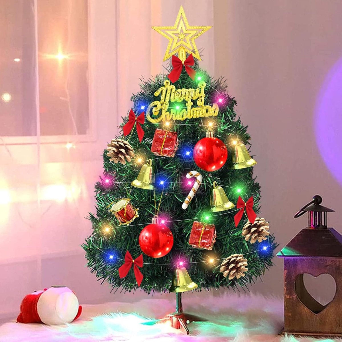 30 cm, kunstkerstboom, tafelkerstboom met LED-lichtsnoer, kleine kerstboom, kerstdecoratie, Christmas Tree met kerstboomversiering