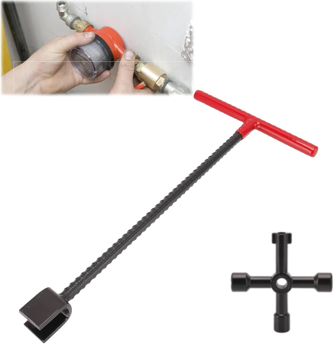 16 inch moersleutel watermetersleutel, 4-weg multifunctionele kruissleutel staal wateruitschakeling gereedschap moersleutel T-handgreep voor kleppen kranen (TisstingJ3jWf9iO-13)