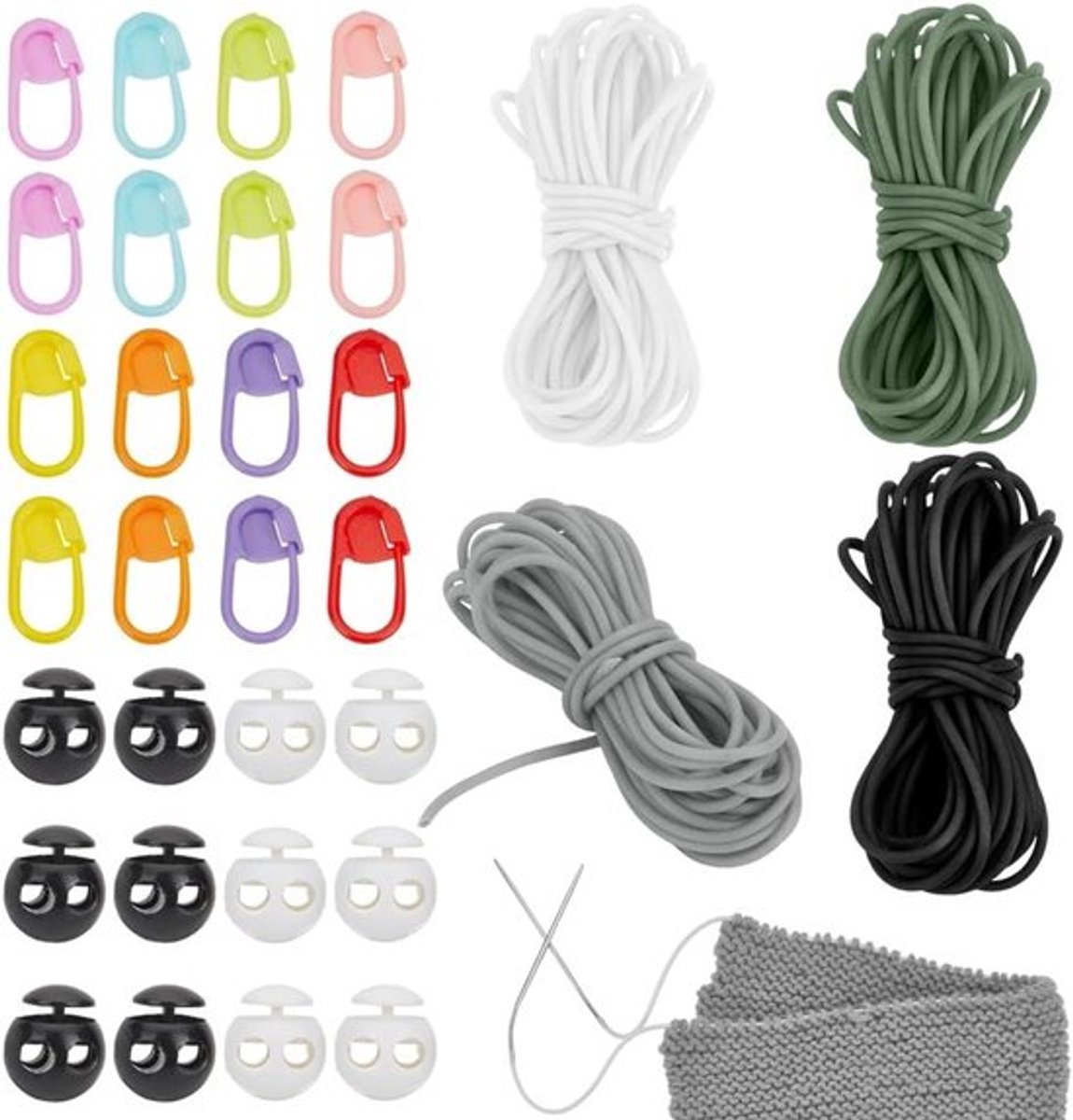 20 m naaigaren in 4 donkere kleuren, holle rubberen breigaren met 12 stoppers, plastic koorden en 20 naaldklemmen voor diverse breiprojecten