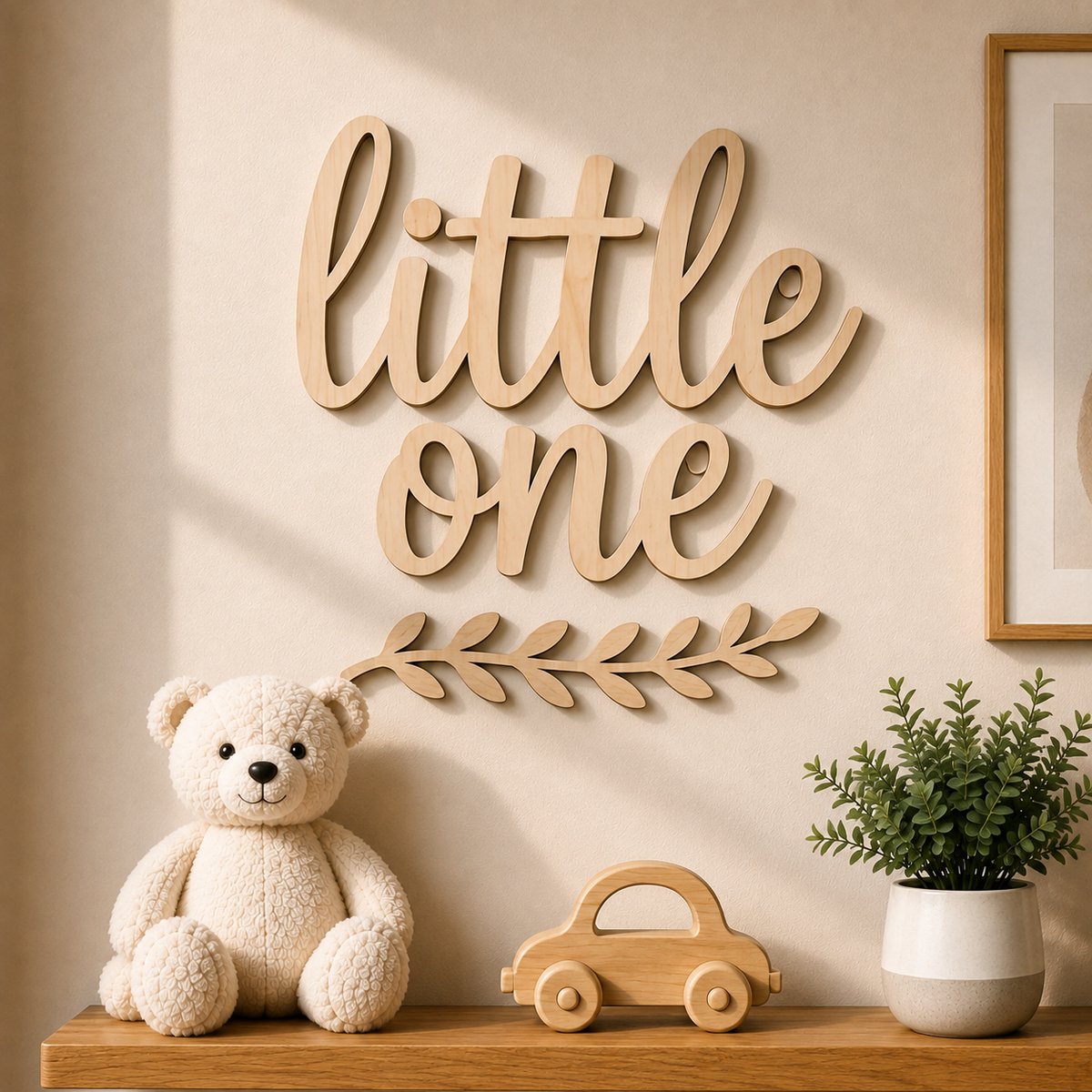 Houten Muurdecoratie "Little One" – 40 x 40 cm – 5 mm Multiplex – Kinderkamer Wanddecoratie – Natuurlijk Hout/ baby