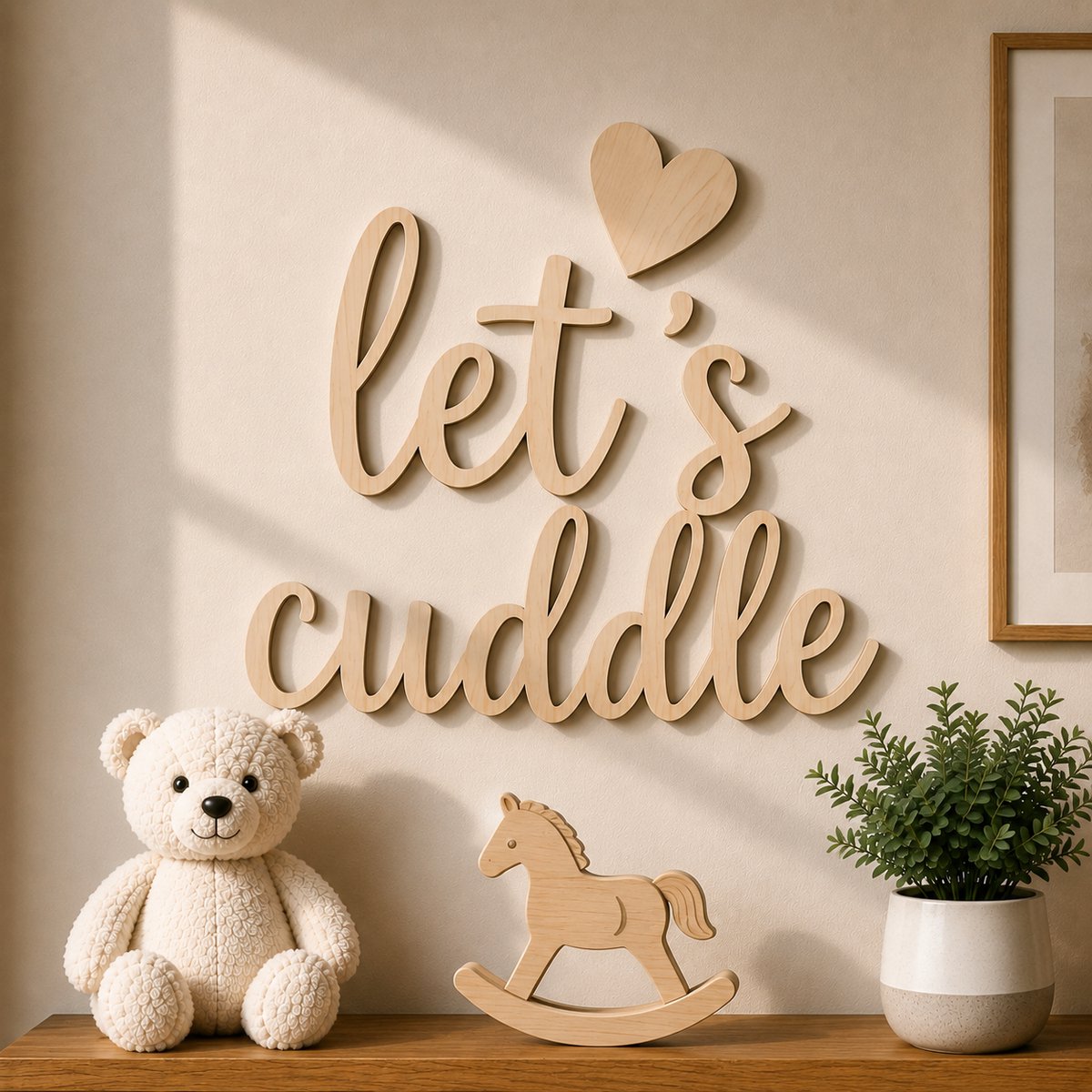 Houten Muurdecoratie "Let's Cuddle" – 40 x 40 cm – 5 mm Multiplex – Kinderkamer Wanddecoratie met Hart – Natuurlijk Hout/ baby