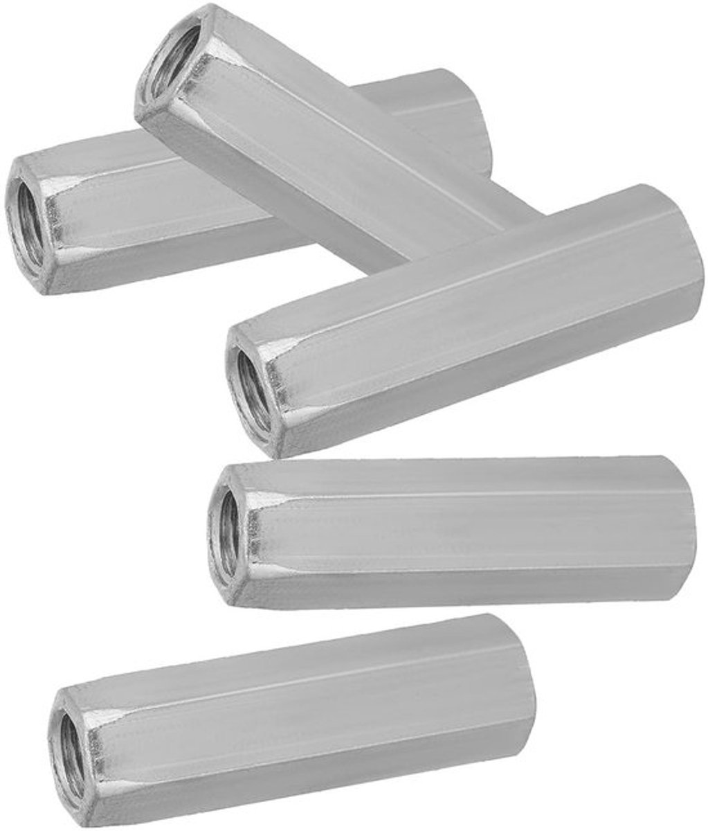 Set van 5 Stuks M10 Lange Moeren van Gegalvaniseerd Staal voor Koppeling, Hex Moeren en Schroefverbindingen