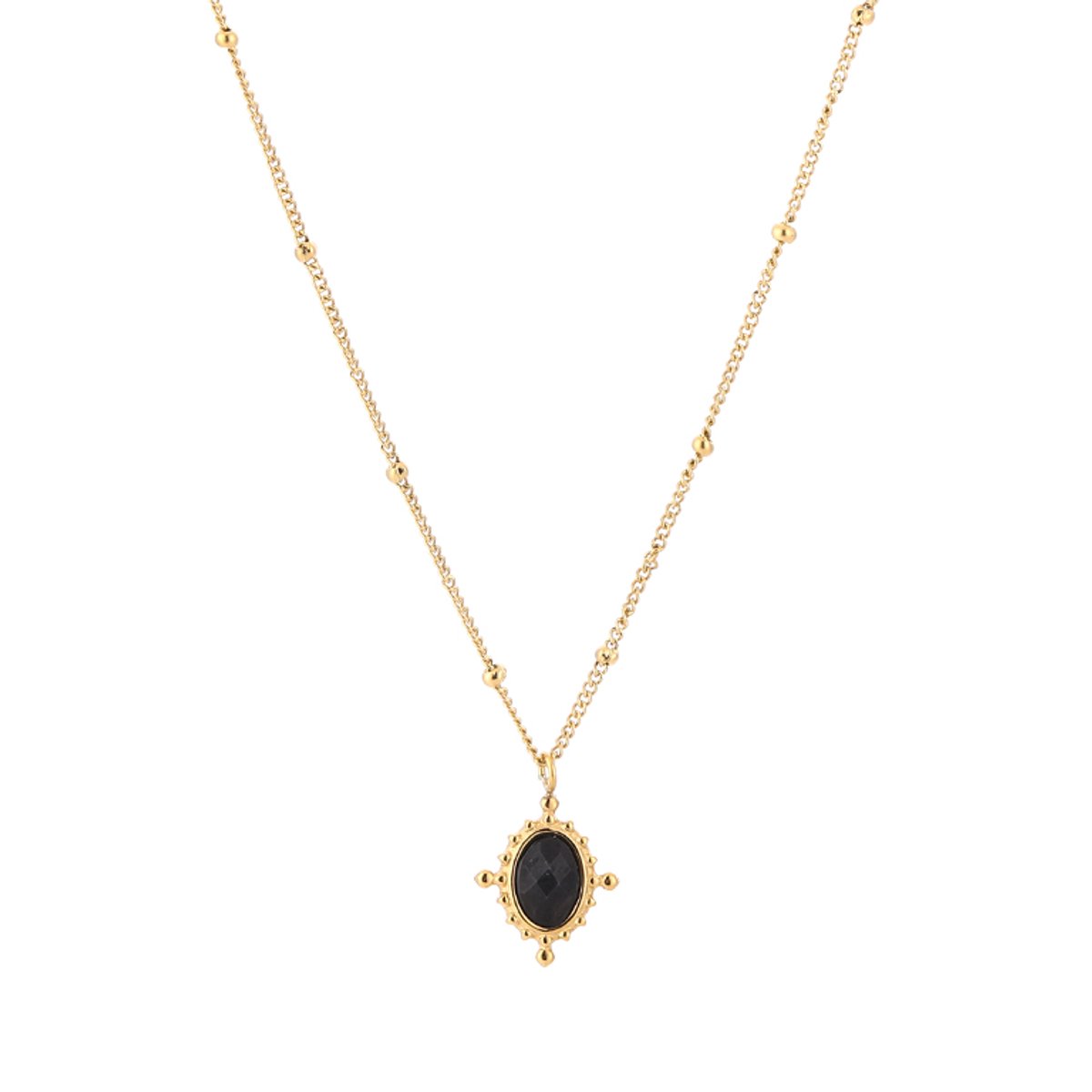 Boho Satellite Bead Chain Oval Turquoise Gemstone Pendant Necklace – Luxe Natuursteen Ketting BOHO – RVS - Zwart