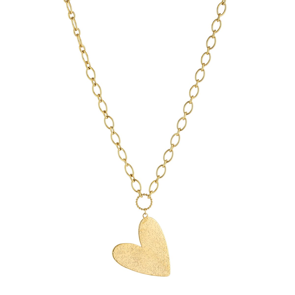 Textured Asymmetrical Heart Pendant Link Chain Necklace – Schakel Ketting met Hart – RVS - Goud