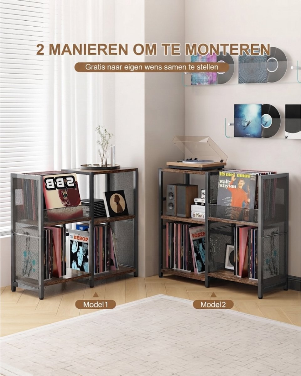 Lìon® Platenspeler Meubel - 3 Planken - LP Opbergsysteem - Platenspelerkast - Zwart/Bruin - 82cm x 30cm x 77cm