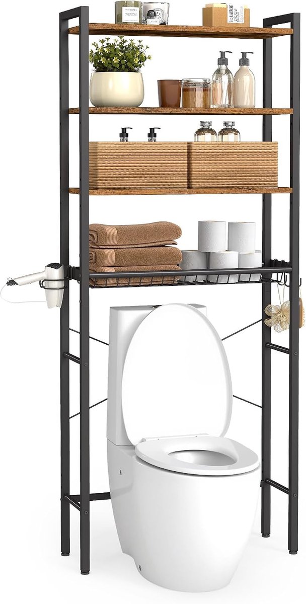 VASAGLE Toiletplank, Badkamerplank met Verstelbare Planken en Draadmand, WC Plank met Haardroger Houder, 3 Haken, Ruimtebesparend, 24 x 60 x 173 cm, Vintage Bruin
