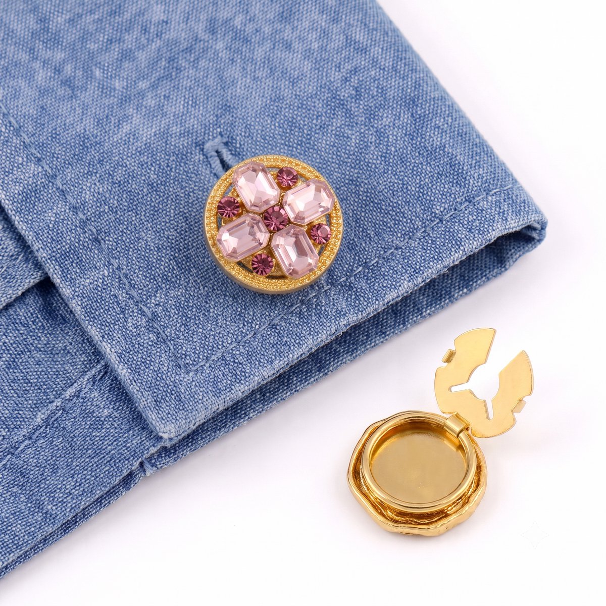 Button Covers Set van 2 - Knoop Covers voor Overhemden & Blouses - Met Kristallen & Strass Steentjes - Manchetknopen Alternatief - Accessoires Cadeau - Roze