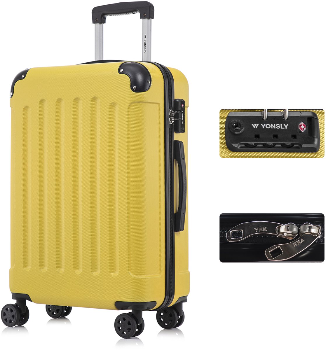 YONSLY Handbagage Koffer - 66cm - 66 L - TSA Slot - 360° Draaibare Wielen - Trolley - Geel